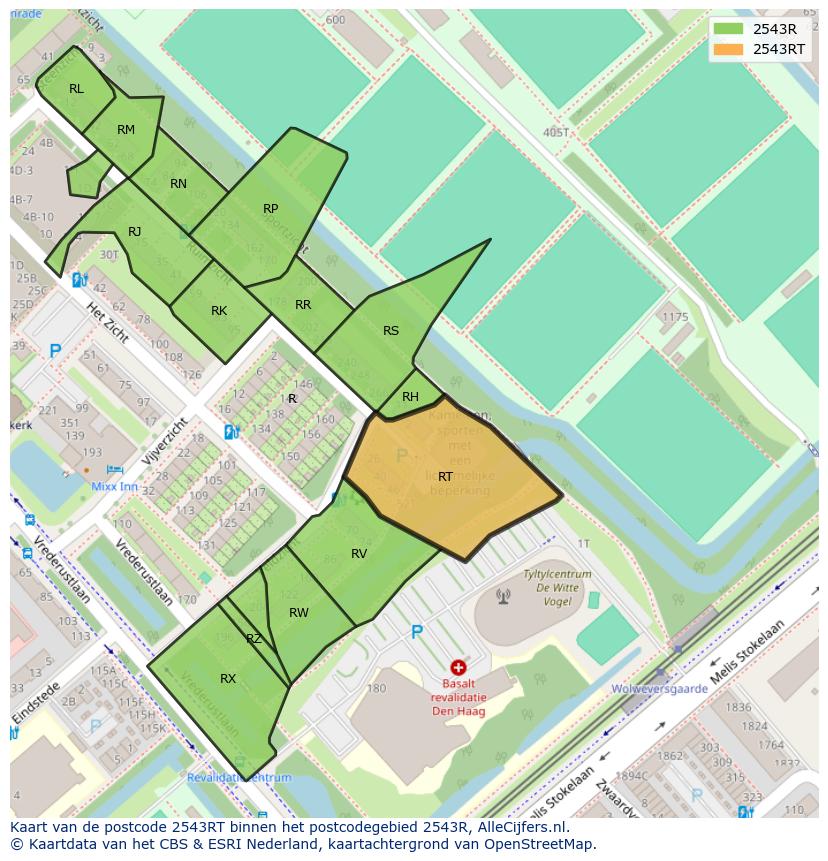 Afbeelding van het postcodegebied 2543 RT op de kaart.