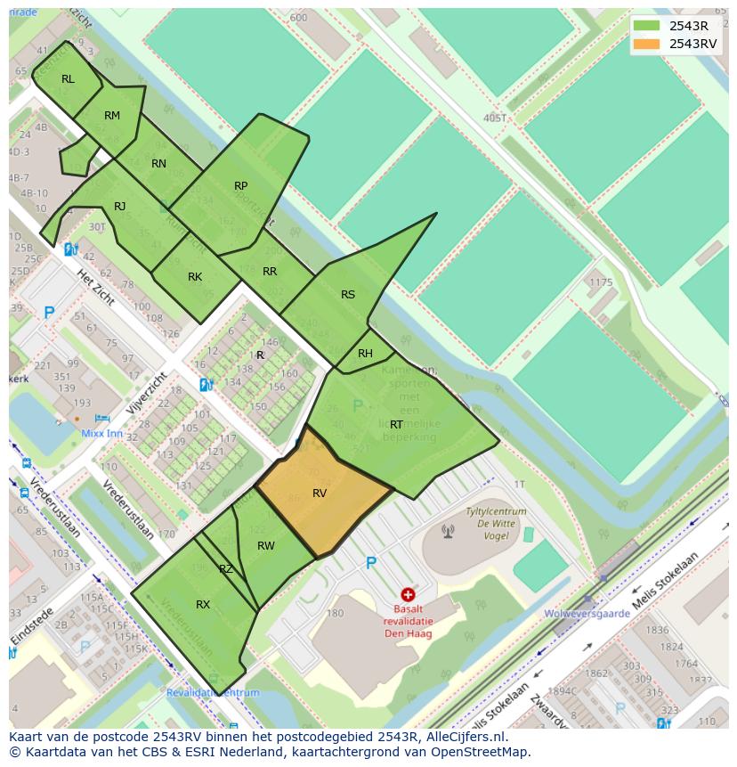 Afbeelding van het postcodegebied 2543 RV op de kaart.