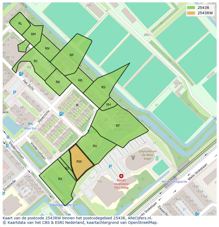 Afbeelding van het postcodegebied 2543 RW op de kaart.