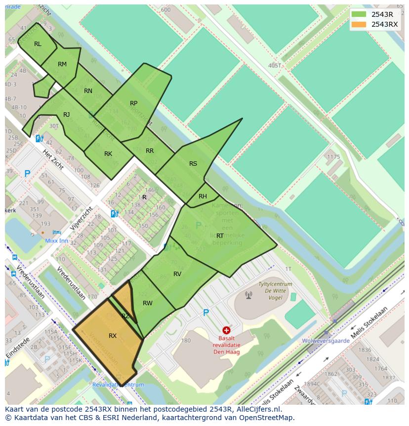 Afbeelding van het postcodegebied 2543 RX op de kaart.