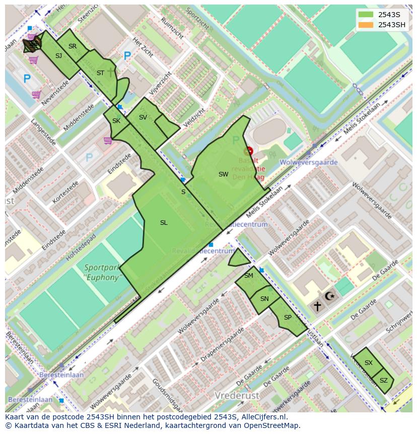 Afbeelding van het postcodegebied 2543 SH op de kaart.