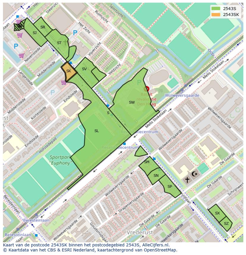 Afbeelding van het postcodegebied 2543 SK op de kaart.