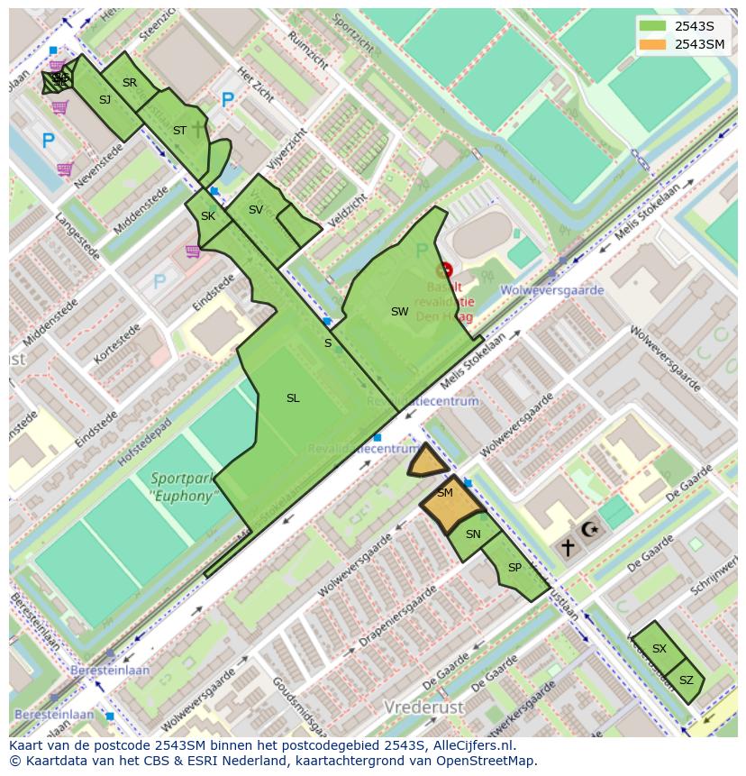 Afbeelding van het postcodegebied 2543 SM op de kaart.