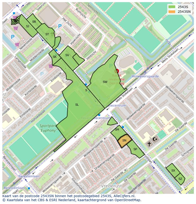 Afbeelding van het postcodegebied 2543 SN op de kaart.