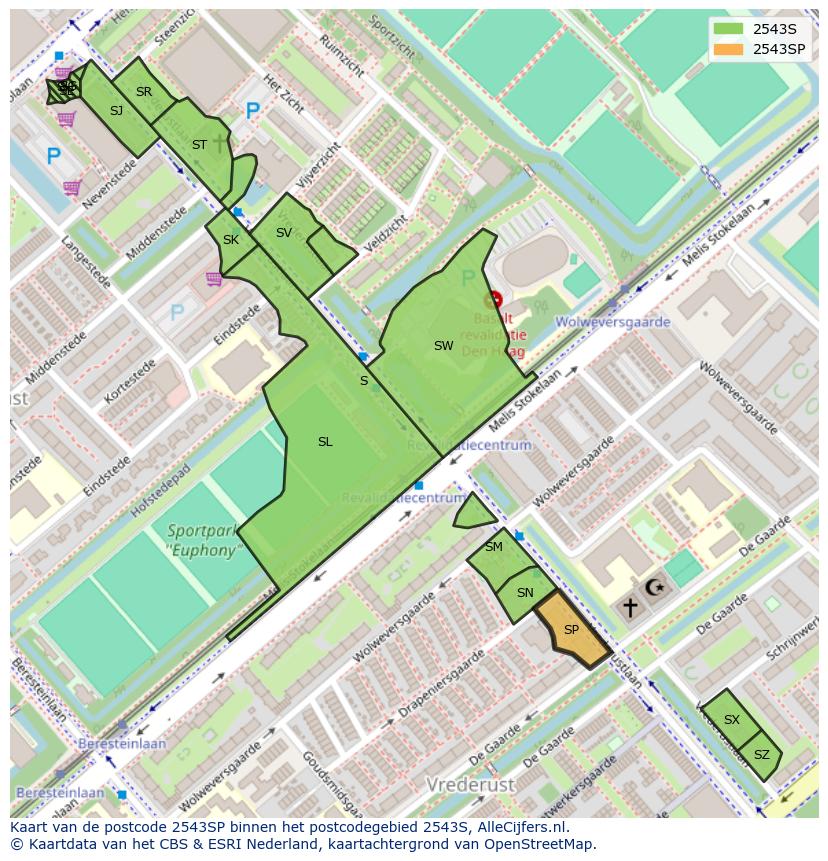 Afbeelding van het postcodegebied 2543 SP op de kaart.