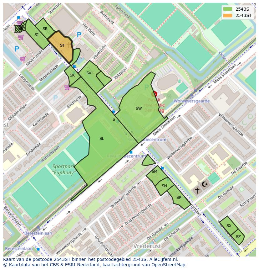 Afbeelding van het postcodegebied 2543 ST op de kaart.