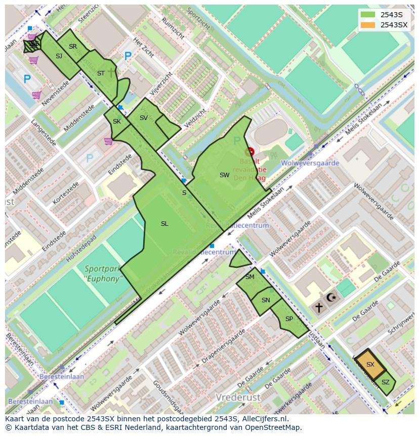 Afbeelding van het postcodegebied 2543 SX op de kaart.