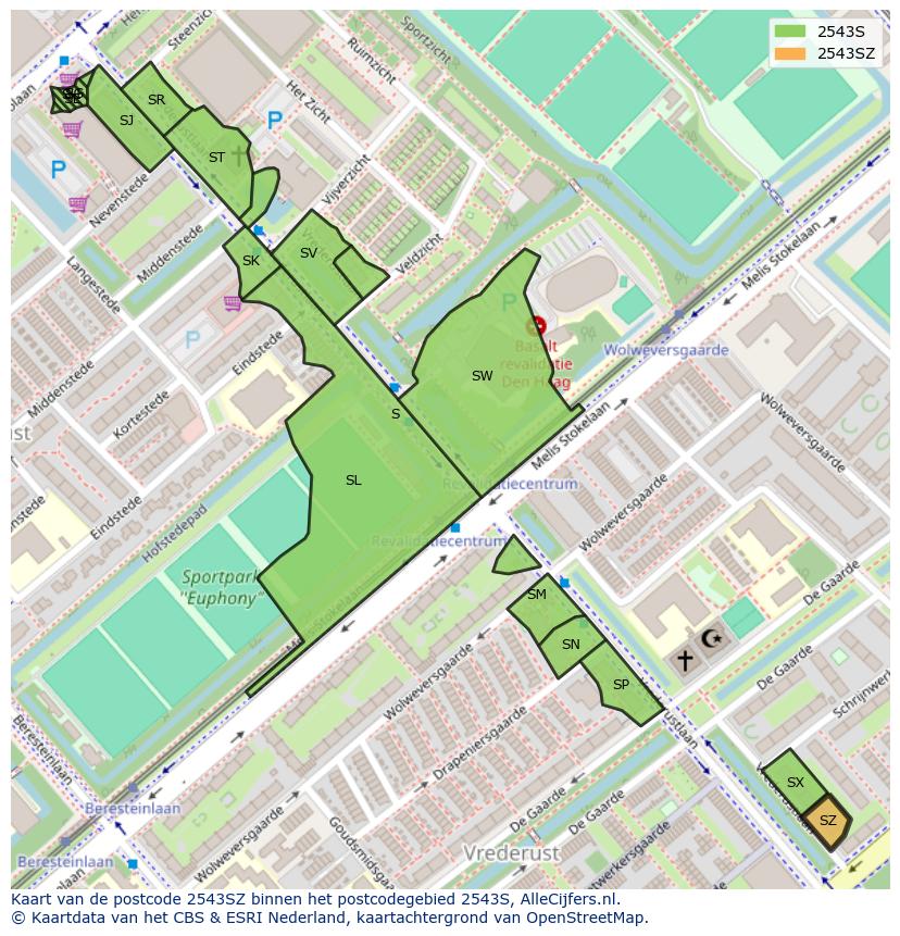 Afbeelding van het postcodegebied 2543 SZ op de kaart.