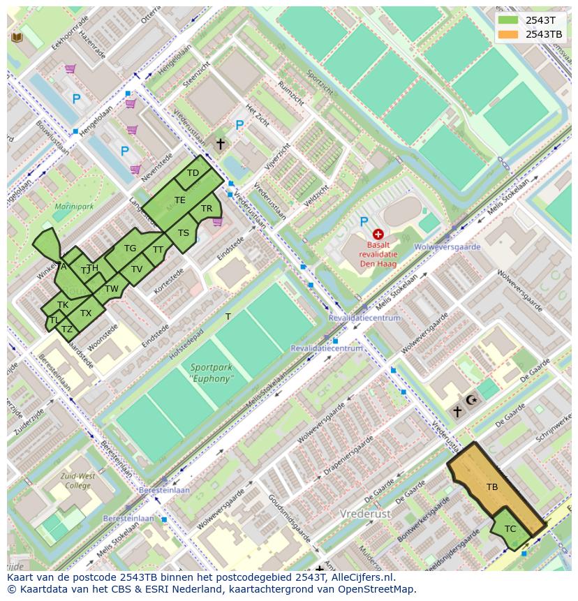 Afbeelding van het postcodegebied 2543 TB op de kaart.