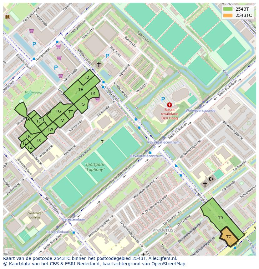 Afbeelding van het postcodegebied 2543 TC op de kaart.