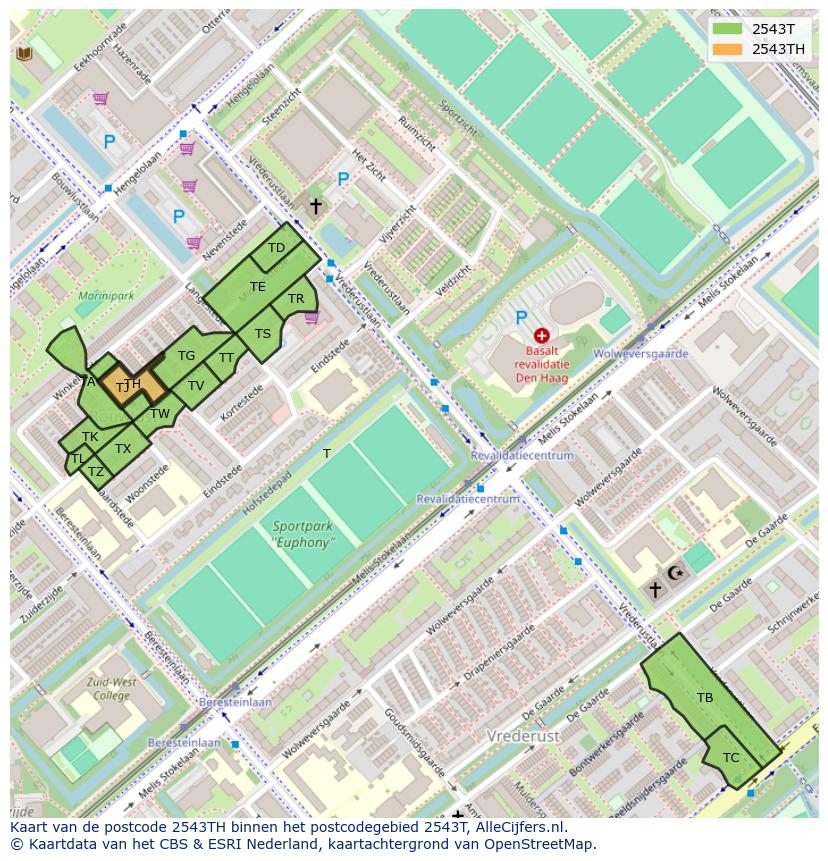 Afbeelding van het postcodegebied 2543 TH op de kaart.