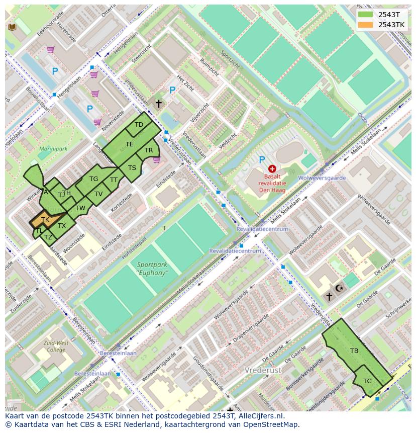 Afbeelding van het postcodegebied 2543 TK op de kaart.
