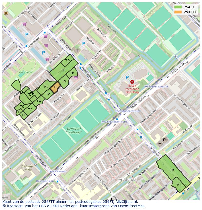 Afbeelding van het postcodegebied 2543 TT op de kaart.