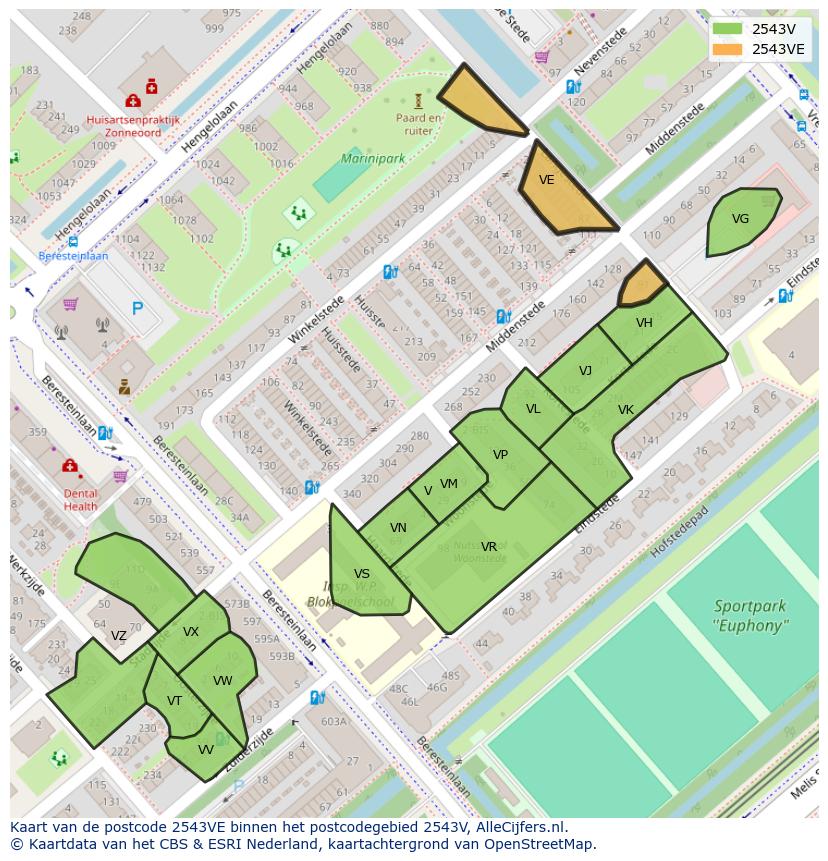 Afbeelding van het postcodegebied 2543 VE op de kaart.