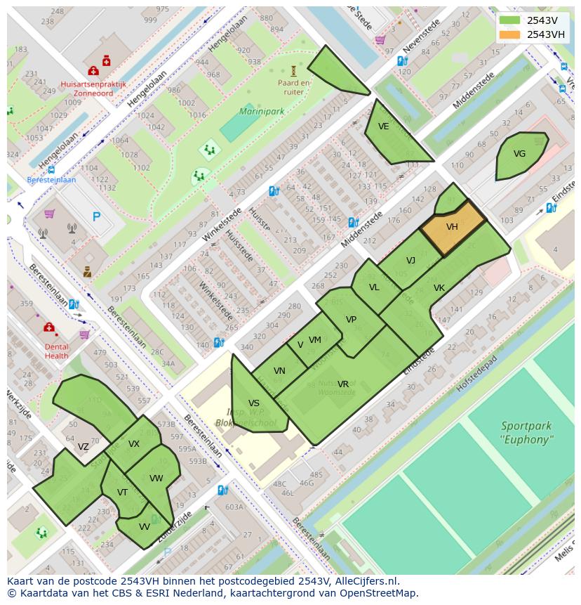 Afbeelding van het postcodegebied 2543 VH op de kaart.