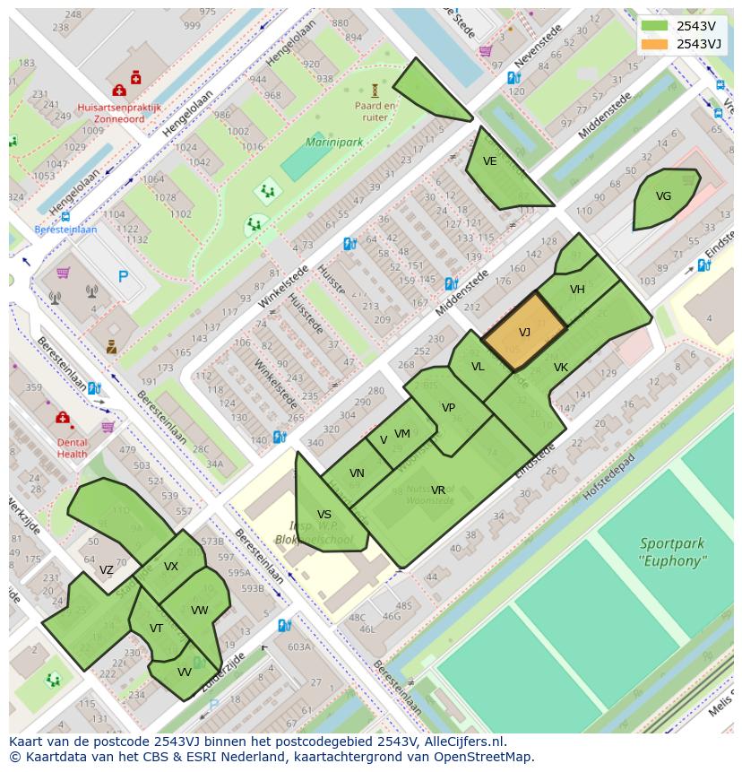 Afbeelding van het postcodegebied 2543 VJ op de kaart.