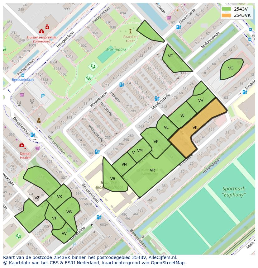 Afbeelding van het postcodegebied 2543 VK op de kaart.