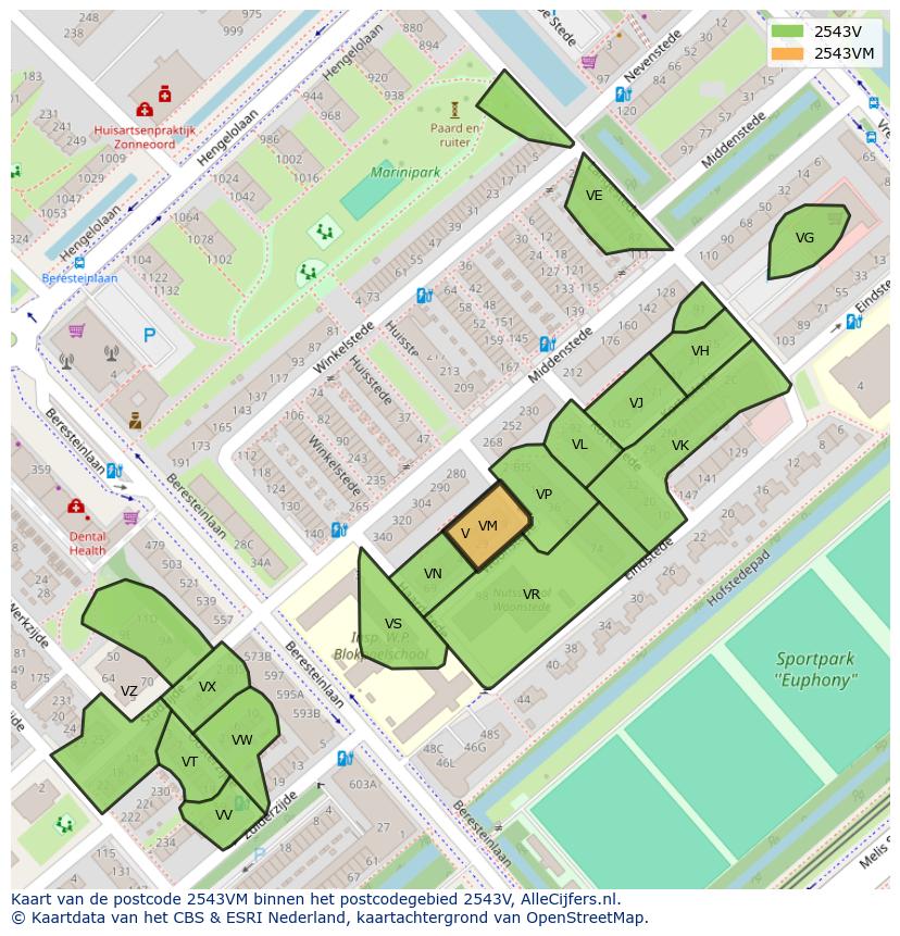 Afbeelding van het postcodegebied 2543 VM op de kaart.