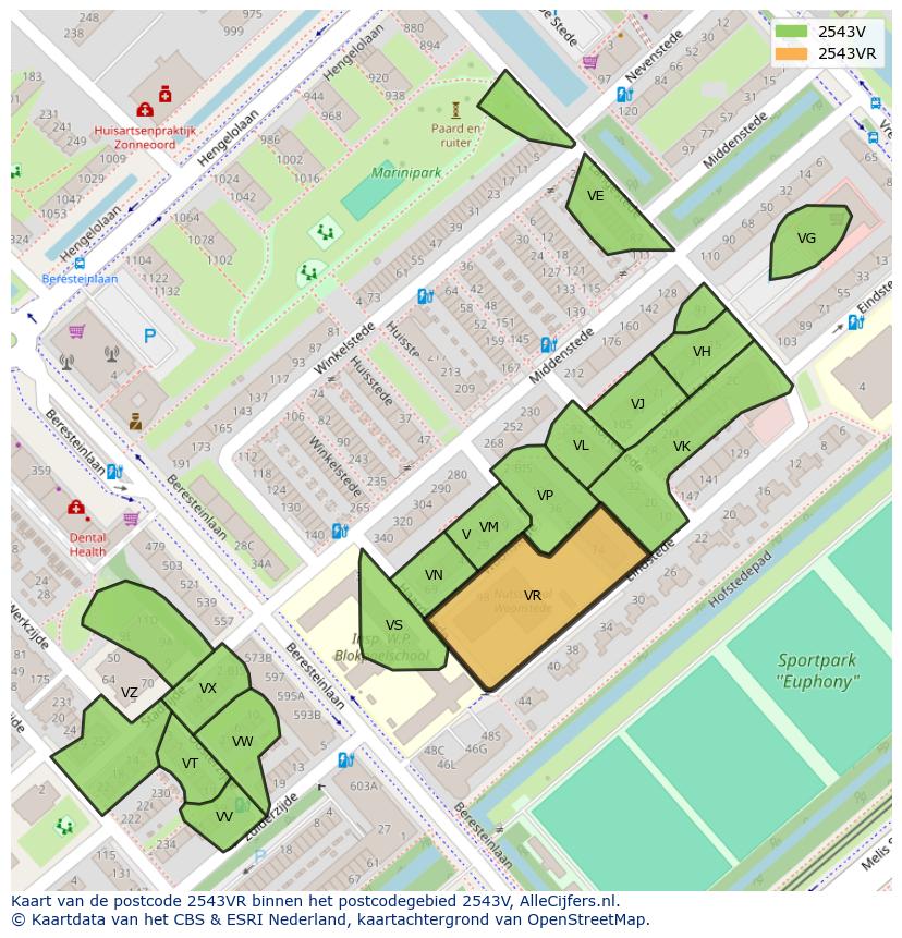 Afbeelding van het postcodegebied 2543 VR op de kaart.