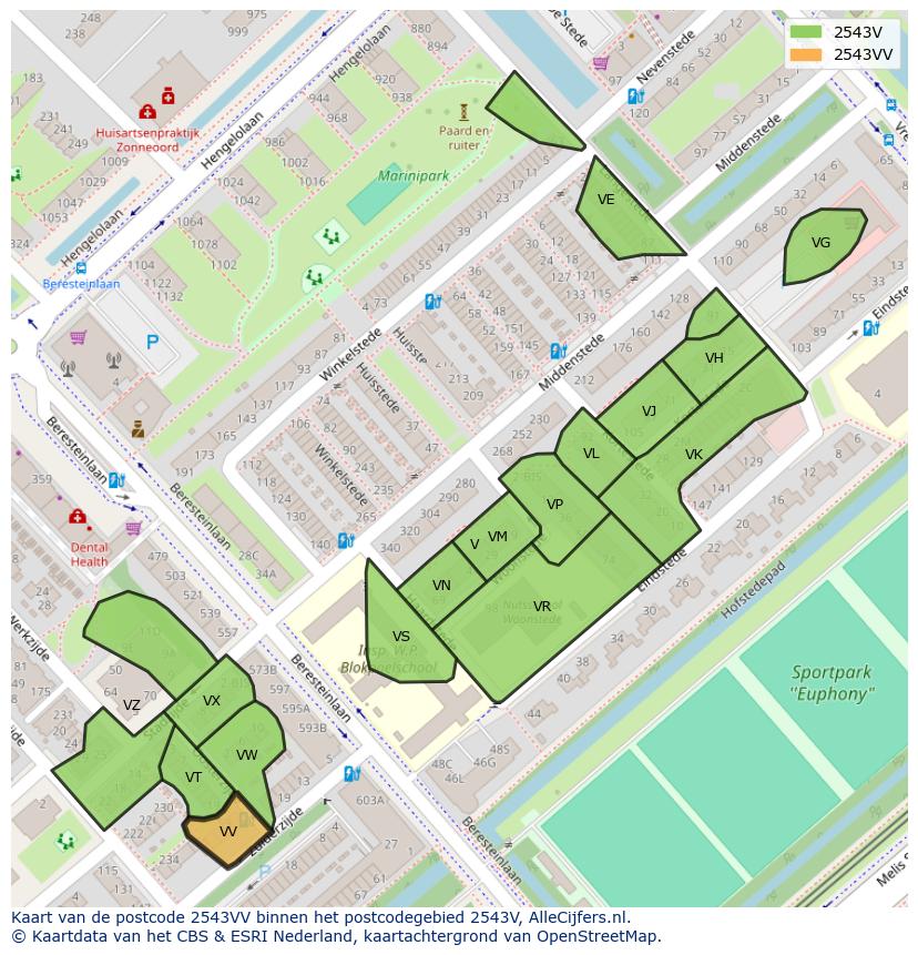 Afbeelding van het postcodegebied 2543 VV op de kaart.