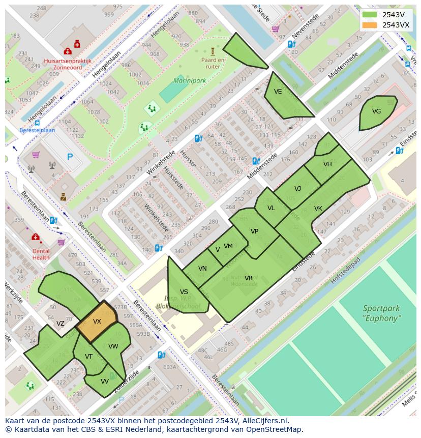 Afbeelding van het postcodegebied 2543 VX op de kaart.