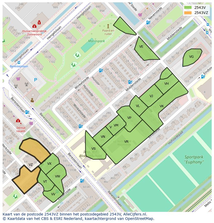Afbeelding van het postcodegebied 2543 VZ op de kaart.