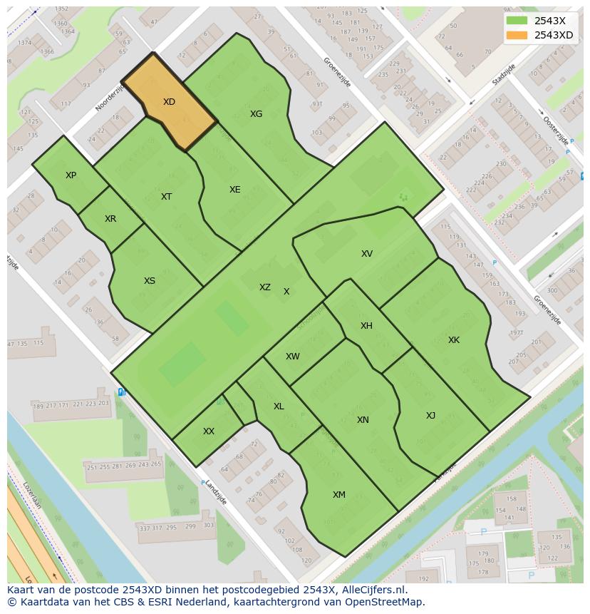 Afbeelding van het postcodegebied 2543 XD op de kaart.