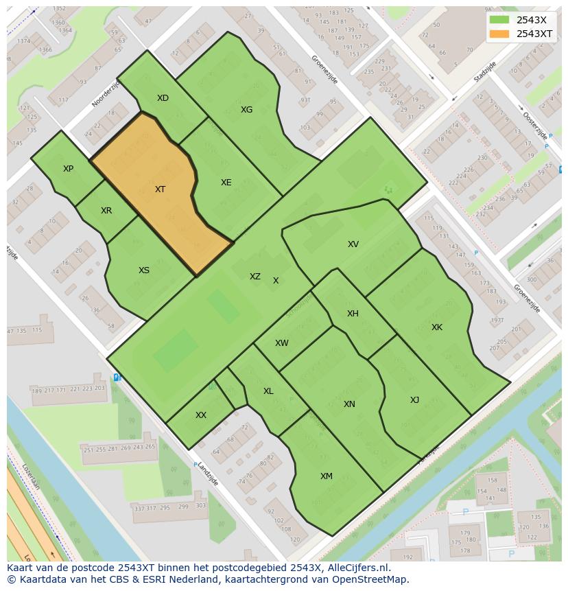Afbeelding van het postcodegebied 2543 XT op de kaart.