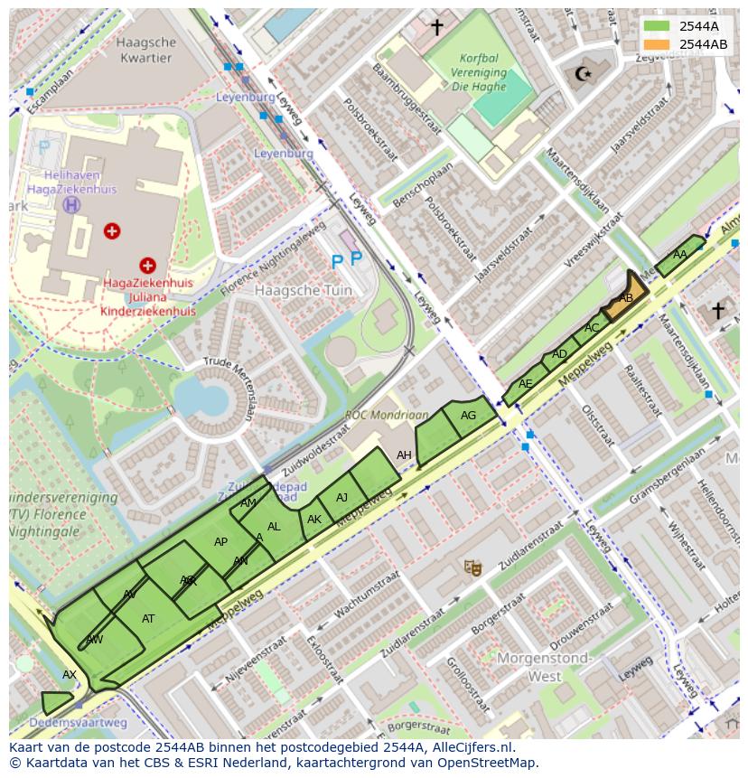 Afbeelding van het postcodegebied 2544 AB op de kaart.