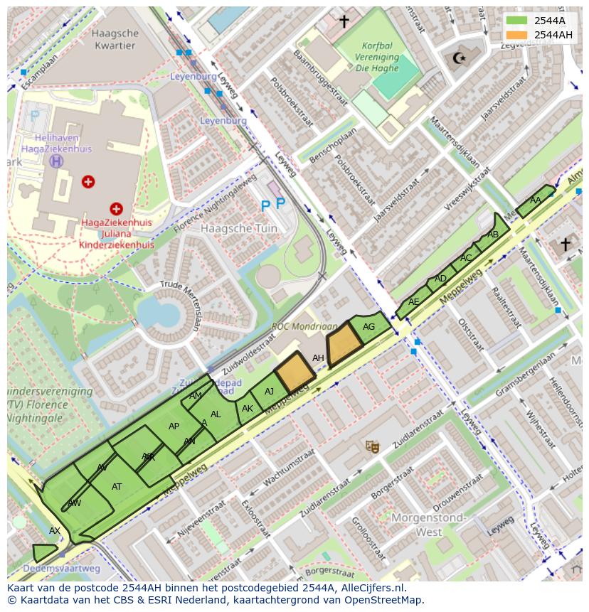 Afbeelding van het postcodegebied 2544 AH op de kaart.