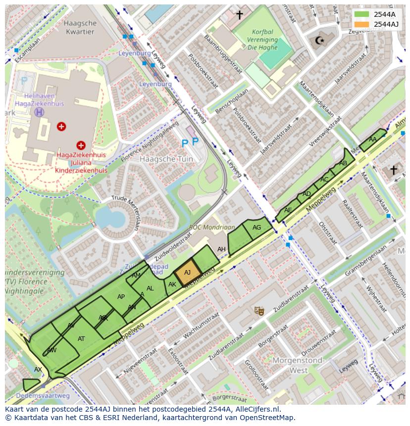 Afbeelding van het postcodegebied 2544 AJ op de kaart.