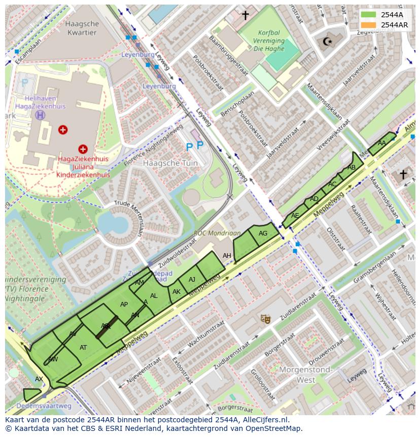 Afbeelding van het postcodegebied 2544 AR op de kaart.