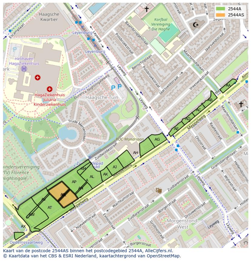 Afbeelding van het postcodegebied 2544 AS op de kaart.