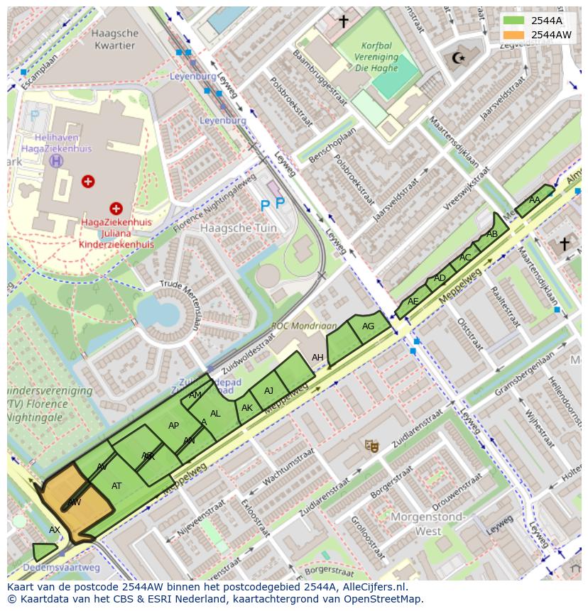 Afbeelding van het postcodegebied 2544 AW op de kaart.