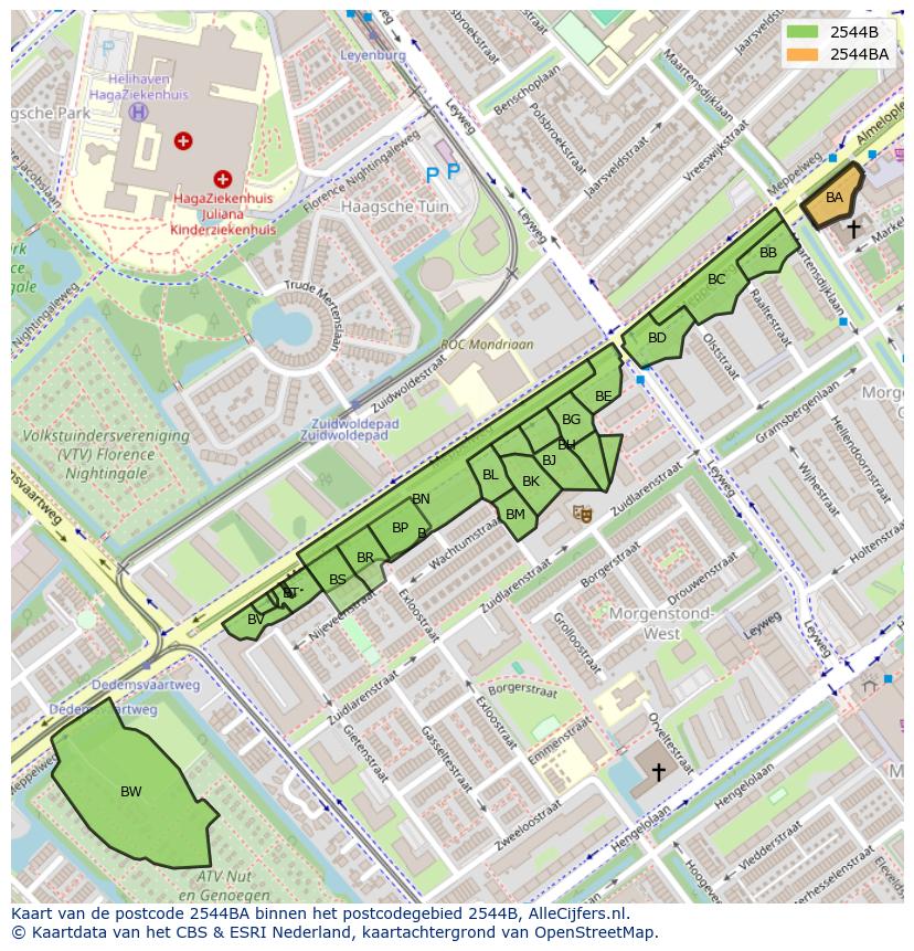 Afbeelding van het postcodegebied 2544 BA op de kaart.
