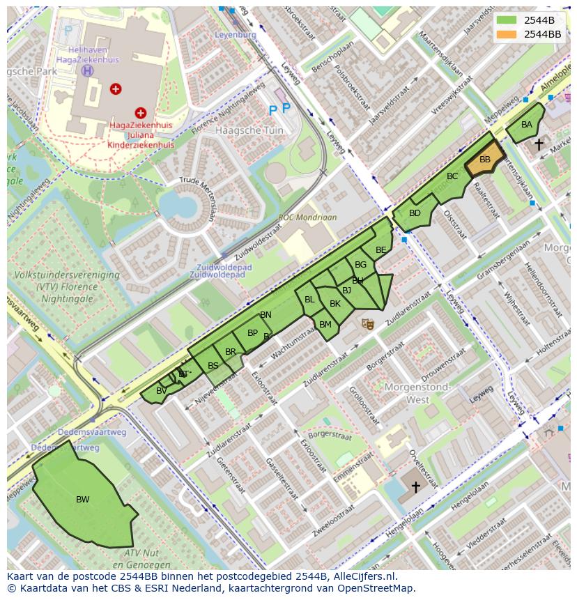 Afbeelding van het postcodegebied 2544 BB op de kaart.