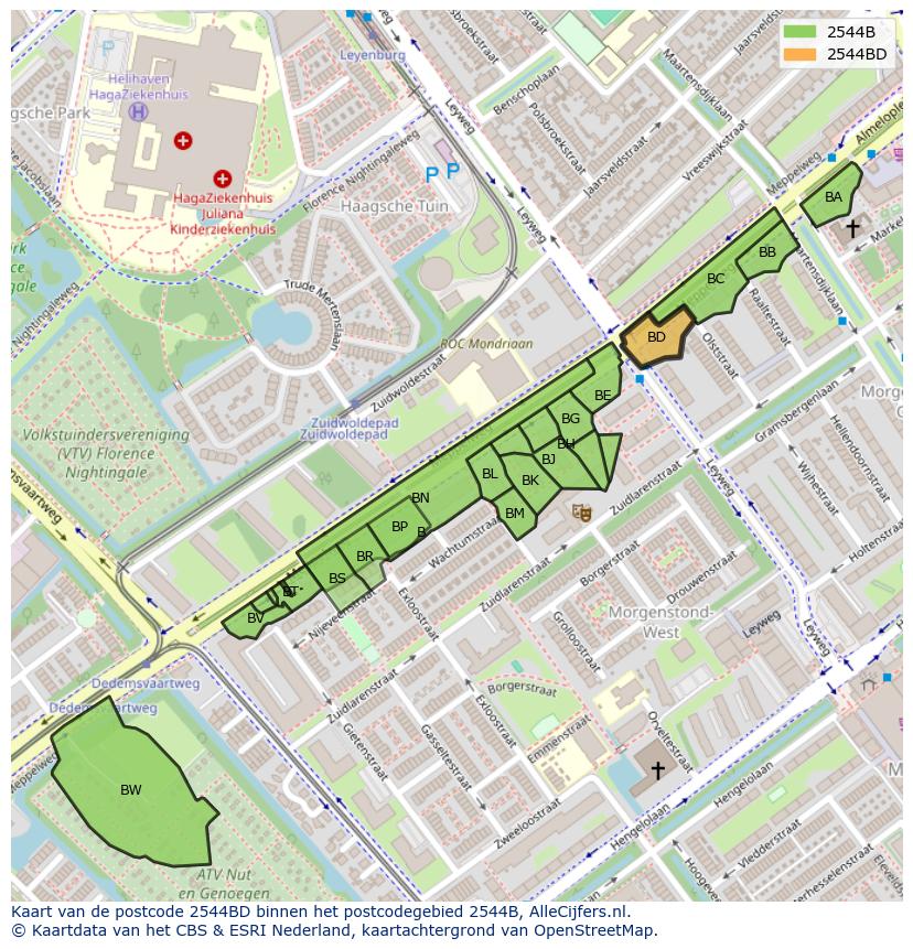 Afbeelding van het postcodegebied 2544 BD op de kaart.