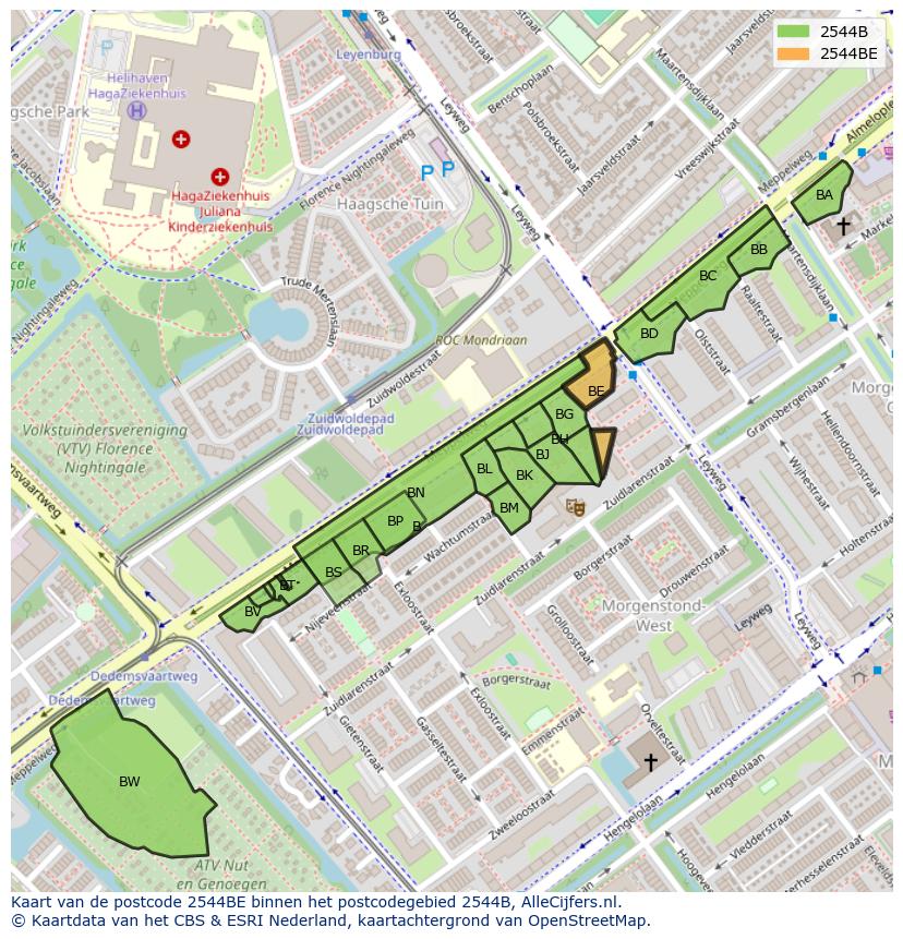 Afbeelding van het postcodegebied 2544 BE op de kaart.