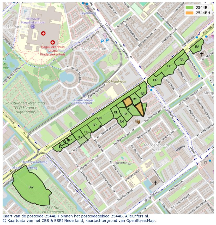 Afbeelding van het postcodegebied 2544 BH op de kaart.