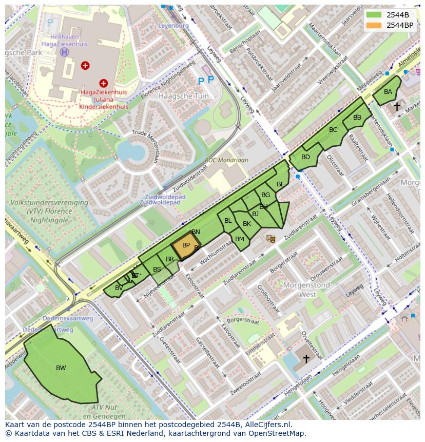 Afbeelding van het postcodegebied 2544 BP op de kaart.