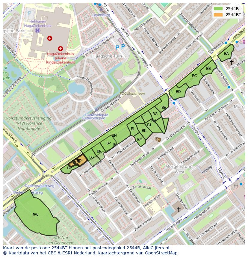 Afbeelding van het postcodegebied 2544 BT op de kaart.