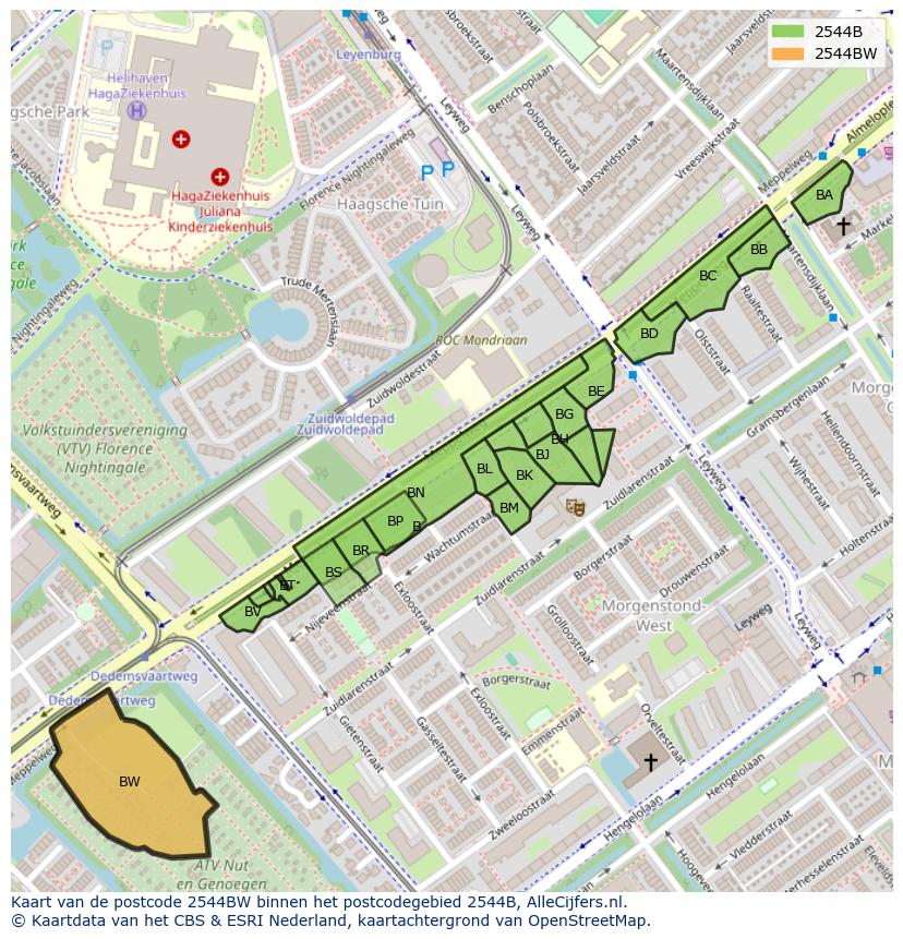 Afbeelding van het postcodegebied 2544 BW op de kaart.