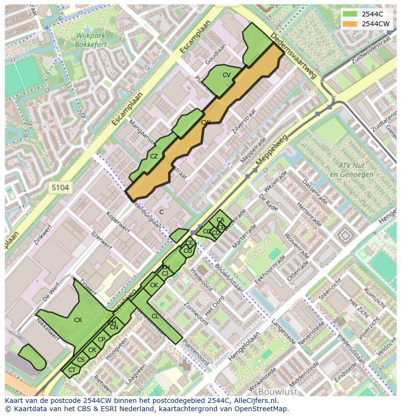 Afbeelding van het postcodegebied 2544 CW op de kaart.