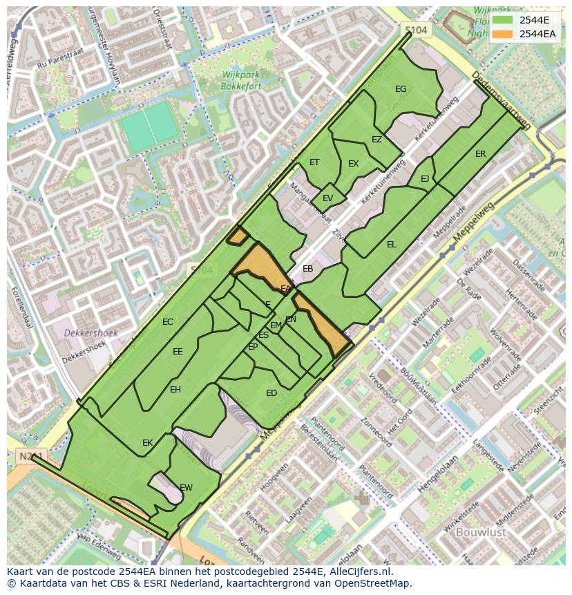 Afbeelding van het postcodegebied 2544 EA op de kaart.