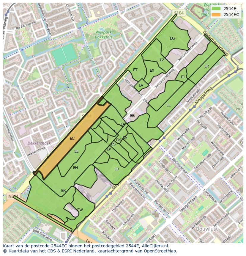 Afbeelding van het postcodegebied 2544 EC op de kaart.