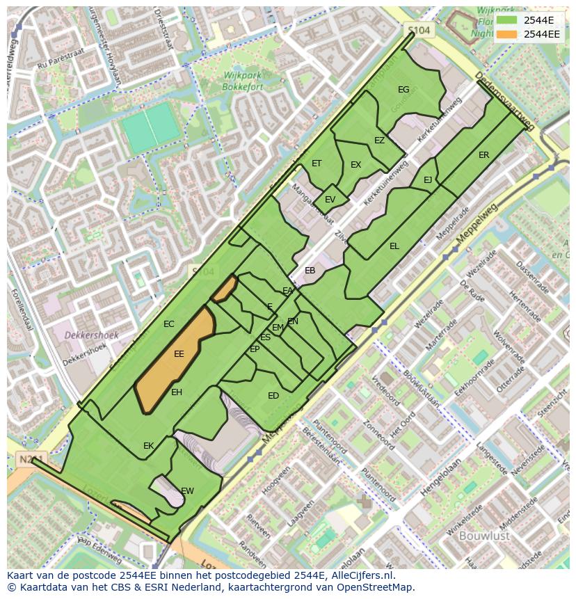 Afbeelding van het postcodegebied 2544 EE op de kaart.