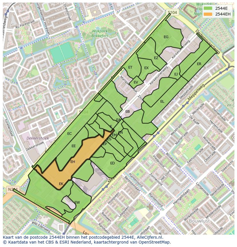 Afbeelding van het postcodegebied 2544 EH op de kaart.