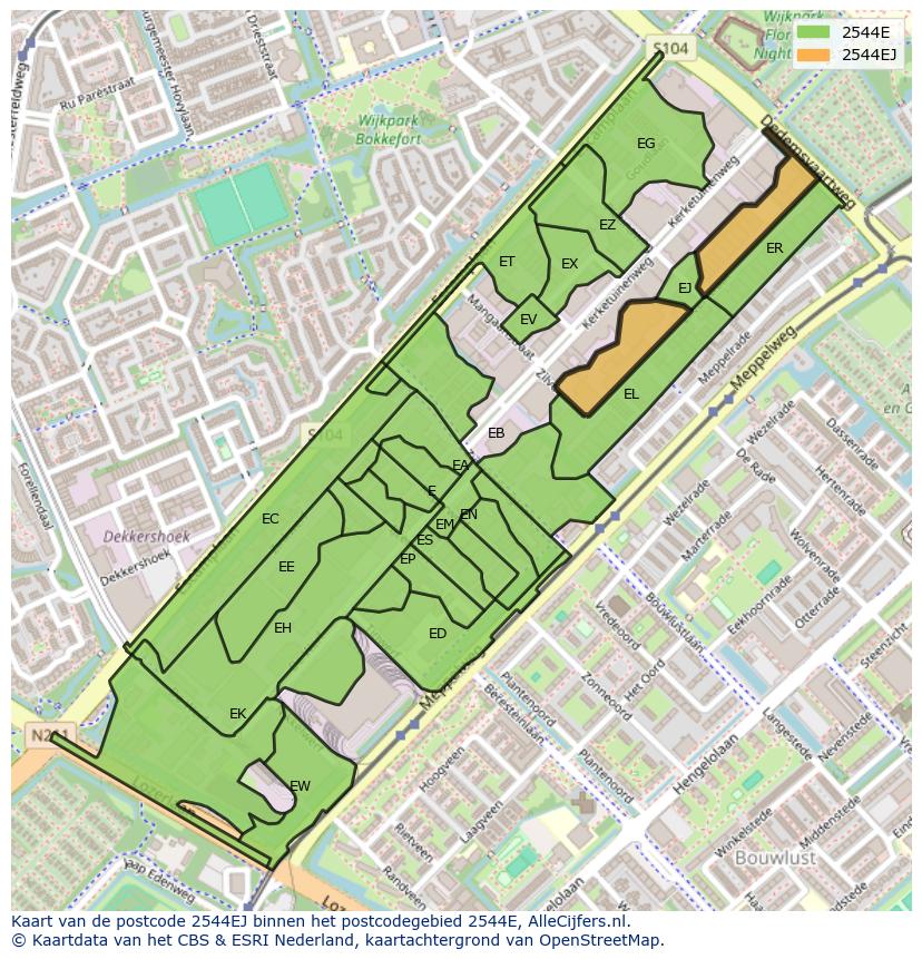 Afbeelding van het postcodegebied 2544 EJ op de kaart.