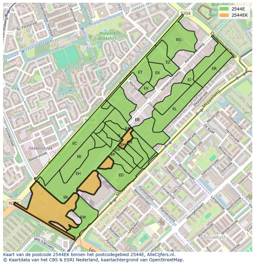 Afbeelding van het postcodegebied 2544 EK op de kaart.