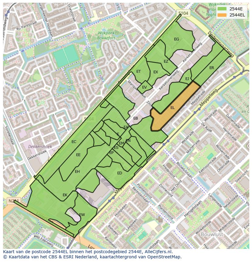 Afbeelding van het postcodegebied 2544 EL op de kaart.